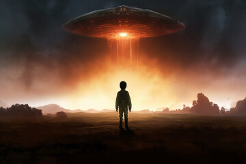 Boy standing against alien spaceship in the evening time. Generative AI digital art image.