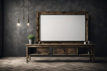 Creative interior concept. Dark large rustic grunge empty wall living room with blank television TV cabinet frame furniture deco. Banner template for product presentation. Mock up 3D rendering 