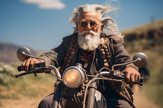 Senior men in brown leather jackets are riding motorbikes across village and mountain roads