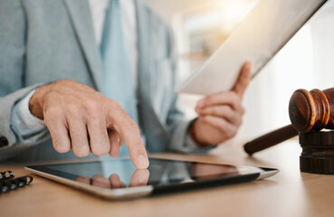 Lawyer, hand and tablet for document research, fingerprint biometric or access online law firm...