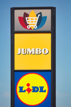 Dutch advertising billboard of the Jumbo and Lidl super market stores in Arnhem, The Netherlands on June 14, 2023