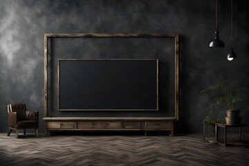 Creative interior concept. Dark large rustic grunge empty wall living room with blank television TV cabinet frame furniture deco. Banner template for product presentation. Mock up 3D rendering