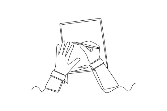 Continuous one line drawing of hands holding pens and pencils, writing letter on paper, taking notes in notebook, filling diary and signing business documents concept. Doodle vector illustration.