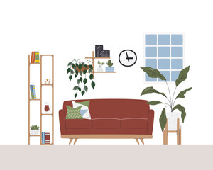 Cozy interior scene with many plants. Minimalist mid-century stylish house room with decor. Home with stand and shelf full of houseplants and books. Living room hand drawn flat vector illustration