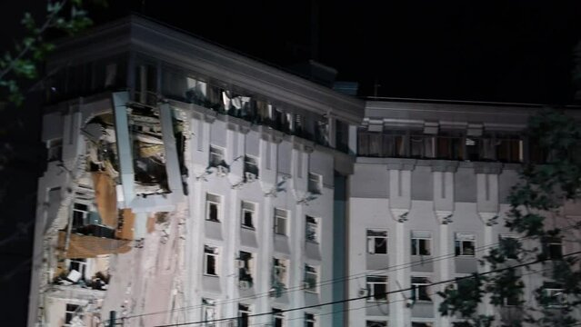 In Dnipro, Russian missiles hit a multi-storey residential building and a building. Scars of war. The atrocity of the Russian army. House of civilians in Ukraine.