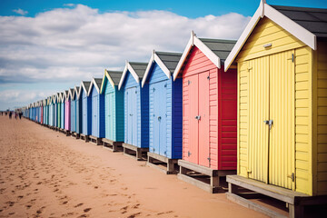 Obraz na płótnie Canvas Vibrant beach huts form a picturesque row, their backdrop adorned by a clear blue sky.
