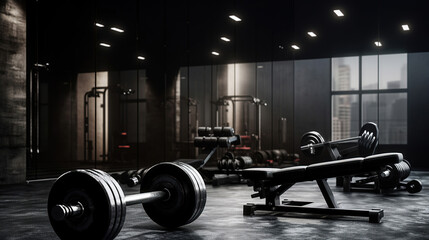 Fototapeta na wymiar A dark gym interior adorned with black dumbbells.