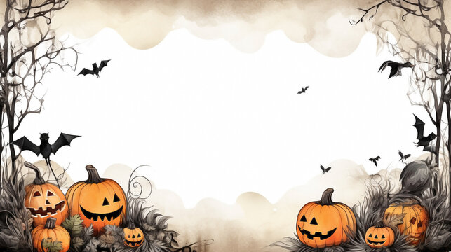 Halloween themed border around a white rectangle. Pumpkin field with large copy space.