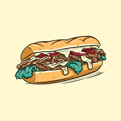 philly cheesesteak sandwich clip art illustration for menu, poster, web