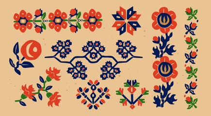 Ukrainian Vyshyvanka set. Various ornaments, patterns. Isolated design elements. Ukrainian, slavic traditional, folk, ethnic embroidery. Hand drawn modern Vector illustration. Print, design template