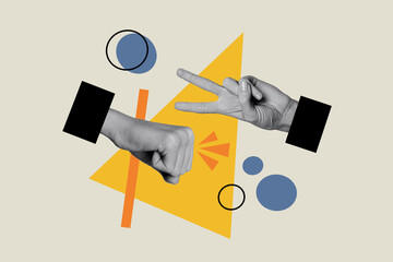 Collage picture of two black white colors arms fist fingers playing rock paper scissors game...