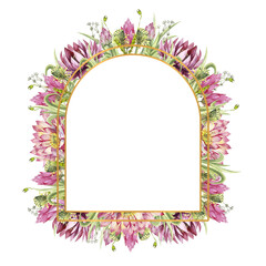 A frame with flowers of water lilies and wild forest grasses. Watercolor illustration on a white background