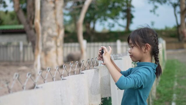 Little girl using phone to take pictures of nature.