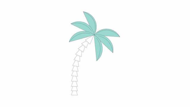 Bending palm tree in wind line 2D object animation. Tropic tree on beach flat color cartoon 4K video, alpha channel. Summertime. Palmtree waving in summer animated element on white background