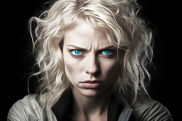 Frontal portrait of a dissatisfied angry looking blond young woman with bright blue eyes, made with generative ai - obrazy, fototapety, plakaty