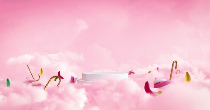 Animated background. Flying in to the sweet world with pink clouds and candies levitating around	