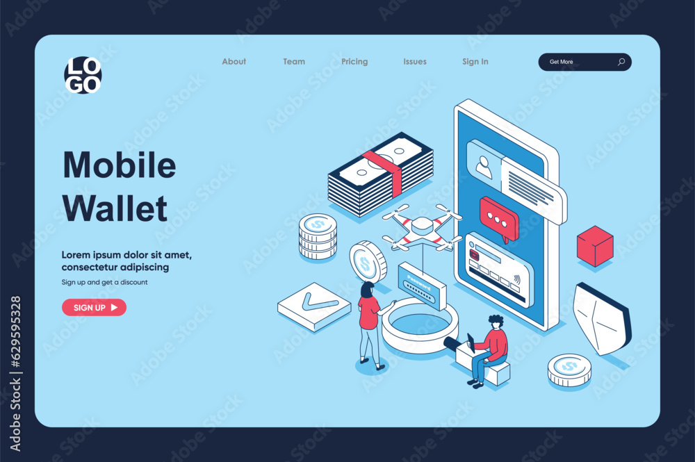 Aufkleber mobile wallet app concept in 3d isometric design for landing page template. people managing personal