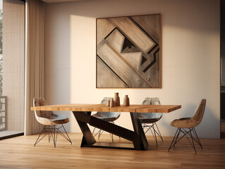 Dining table and dining room in minimalist style. Against the backdrop of walls decorated with large frescoes.