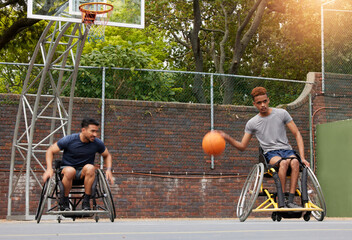 Sports, basketball court and men in wheelchair for training, exercise and workout on outdoor park. Fitness, team and male people with disability with ball playing for competition, practice and games