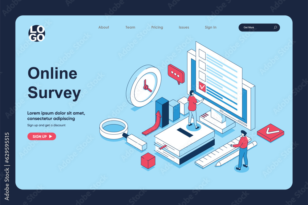 Poster online survey concept in 3d isometric design for landing page template. people giving feedback and f