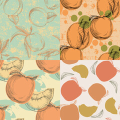 Seamless peach pattern with tropic fruits, leaves, flowers background. Vector illustration for summer cover, tropical wallpaper, vintage texture, backdrop, wedding invitation