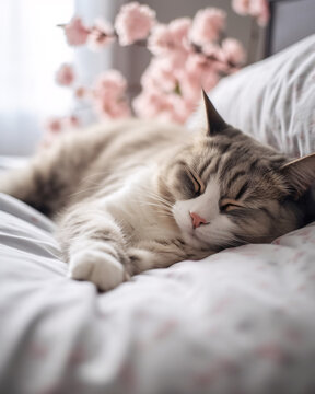 The cat sleeps on the bed. Grey cat resting in bed. Cute home american shorthair cat sleeping with cherry blossoms. A peaceful plot. Home comfort.