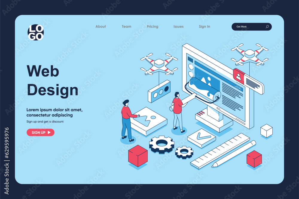 Poster Web design concept in 3d isometric design for landing page template. People creating pages layouts, drawing content elements, making homepages, programming and settings. Vector illustration for web