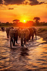 Naklejka na ściany i meble Elephant herd crossing river at sunset