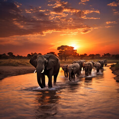 Fototapeta na wymiar Elephant herd crossing river at sunset