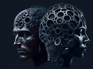 Ilustración de dos cabezas humanas hechas de engranajes
