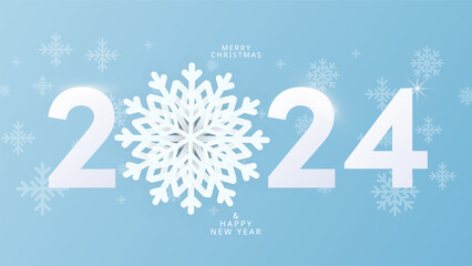 Fototapeta na wymiar Happy New Year 2024 with snowflakes , Number design template isolated on blue background, Greeting banner template, Vector illustration EPS 10