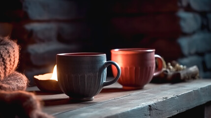 Fototapeta na wymiar Two clay cups on a blurred dark background, generative AI.