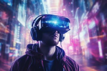 Person using vr glasses and technology future background. Generative ai.