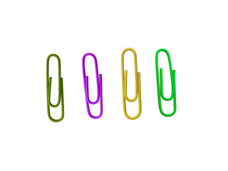 Colorful paperclips isolated on white background. 3D rendering. colored paper clips of different sizes	