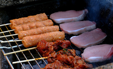Barbecue on brick permanent hearth in urban house garden.