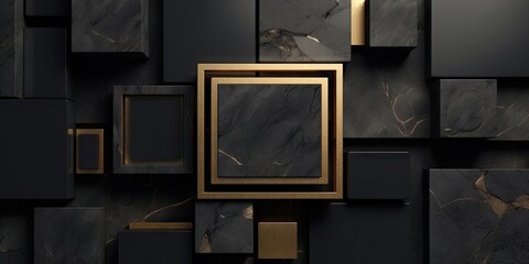 Minimalist Beauty. Square Golden Frame on Black Stone Background