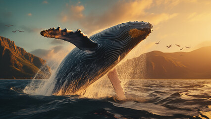 Whale jumping out of the ocean under evening sunlight. Aesthetic nature picture. Astounding sea creatures. AI art.