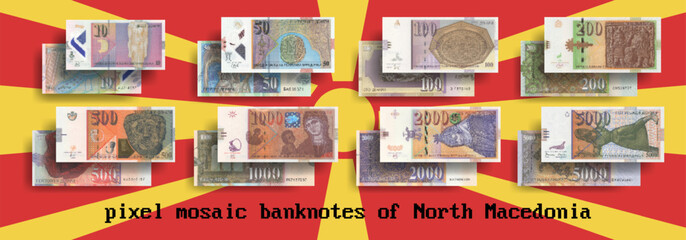 Vector set of pixelated mosaic banknotes of North Macedonia. Bills in denominations of 10, 50, 100, 200, 500, 1000, 2000 and 5000 denars. Flyers or play money. - obrazy, fototapety, plakaty