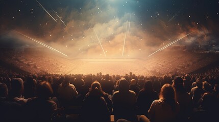 Fototapeta na wymiar Generative AI, People crowd on music rock festival concert in stadium, big stage lit by spotlights..