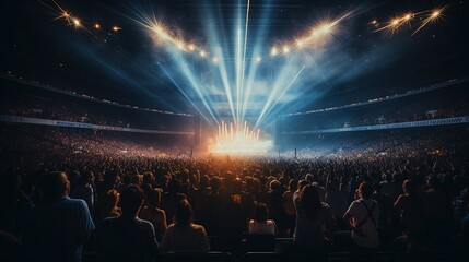 Generative AI, People crowd on music rock festival concert in stadium, big stage lit by spotlights..