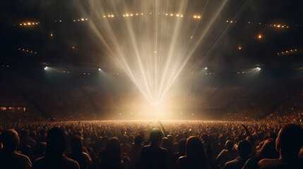 Generative AI, People crowd on music rock festival concert in stadium, big stage lit by spotlights..