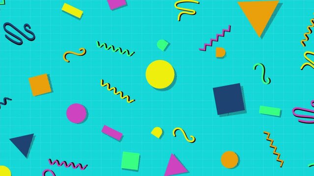 Retro abstract 80's 90's design pattern background. Memphis style with geometrical shapes of different vintage colors, seamless looped 4K animation