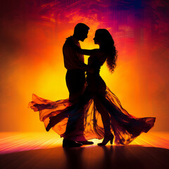 Silhouette of a dancing couple - obrazy, fototapety, plakaty