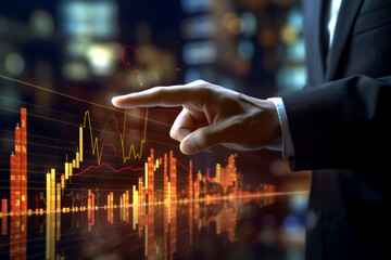 Businessman hand pointing to stock market graph. Generative ai
