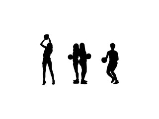 Women basketball player silhouettes. Set of women basketball player silhouettes. Women basketball players isolated on white background.