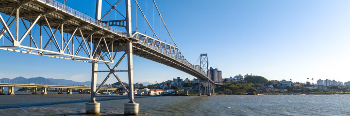 Florianopolis in Santa Catarina. Hercilio Luz Bridge. Aerial image.