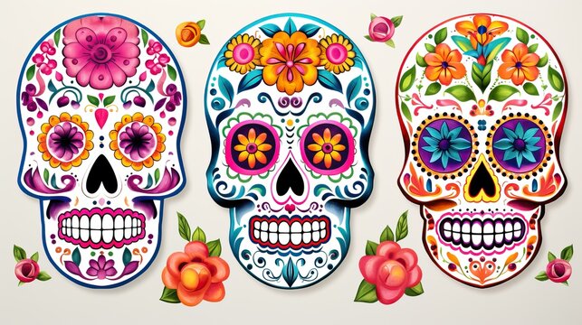 Day of The Dead sugar skulls with floral ornament in  watercolor style,isolated on white background . Dia de los Muertos.set  of clipart sugar skulls.