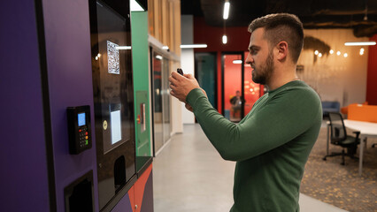 Caucasian man pays by smartphone for coffee in self-service machine using qr code. 