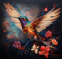 Fototapeta premium Colorful hummingbird and flowers on a black background. Digital painting stile