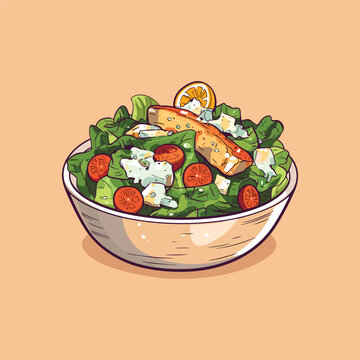 salad bowl, fresh greens, tomatoes, orange slice clip art preview
